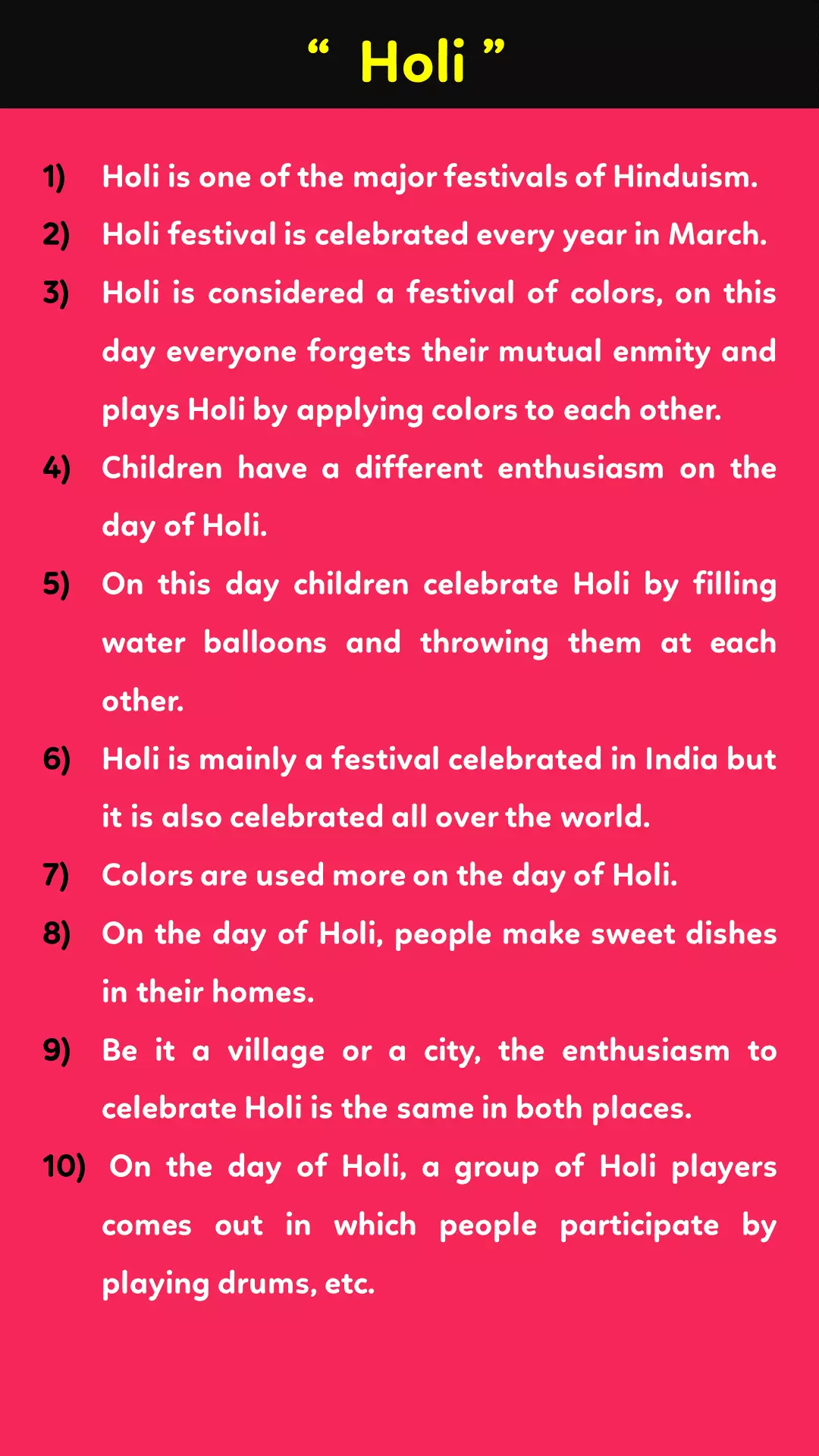 10 lines on Holi in English - Best for class 1, 2, 3 & 4