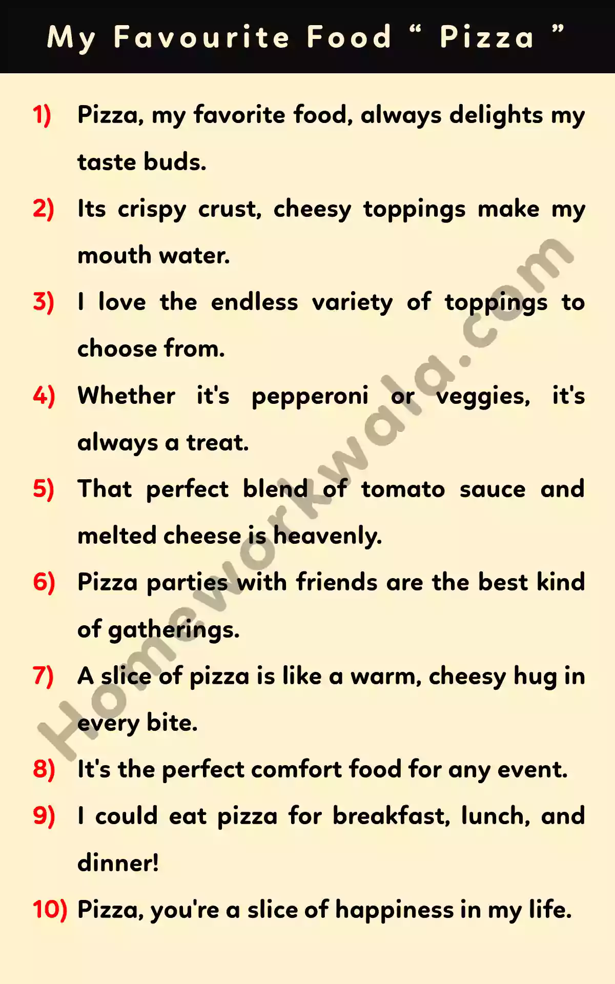 my favourite food pizza essay 150 words